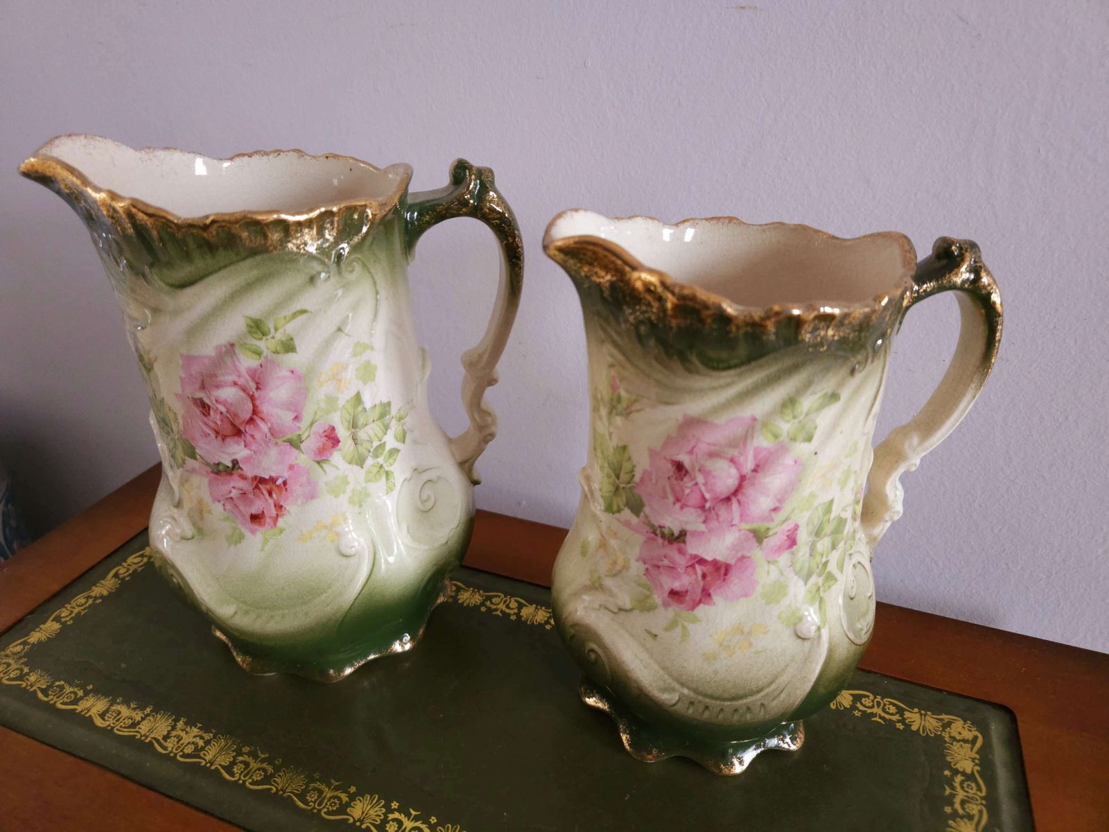 Pair Of Exquisite Victorian Art Nouveau Pitchers With Gold & Floral Decoration photo furniture