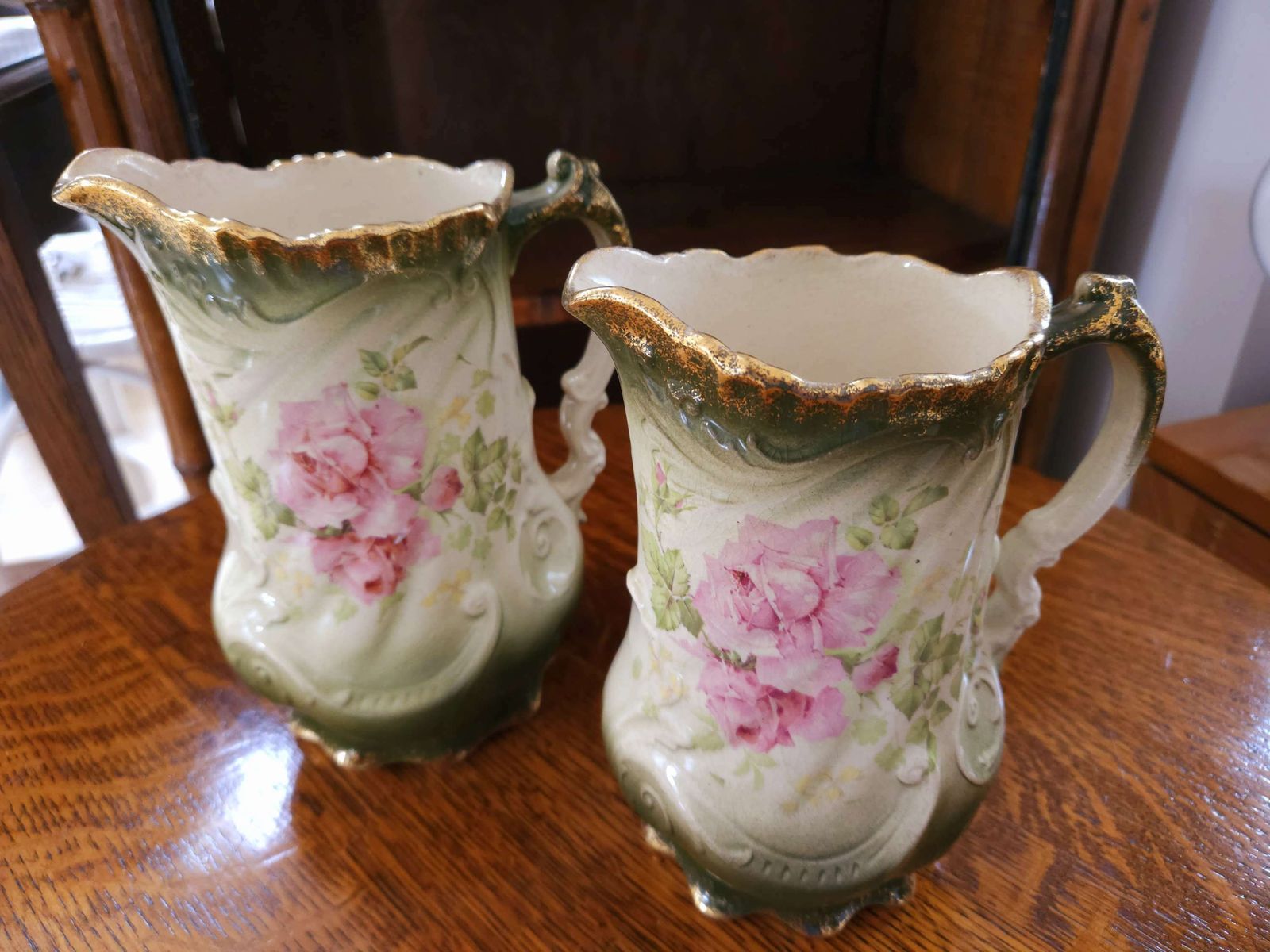 Pair Of Exquisite Victorian Art Nouveau Pitchers With Gold & Floral Decoration photo Home Decor
