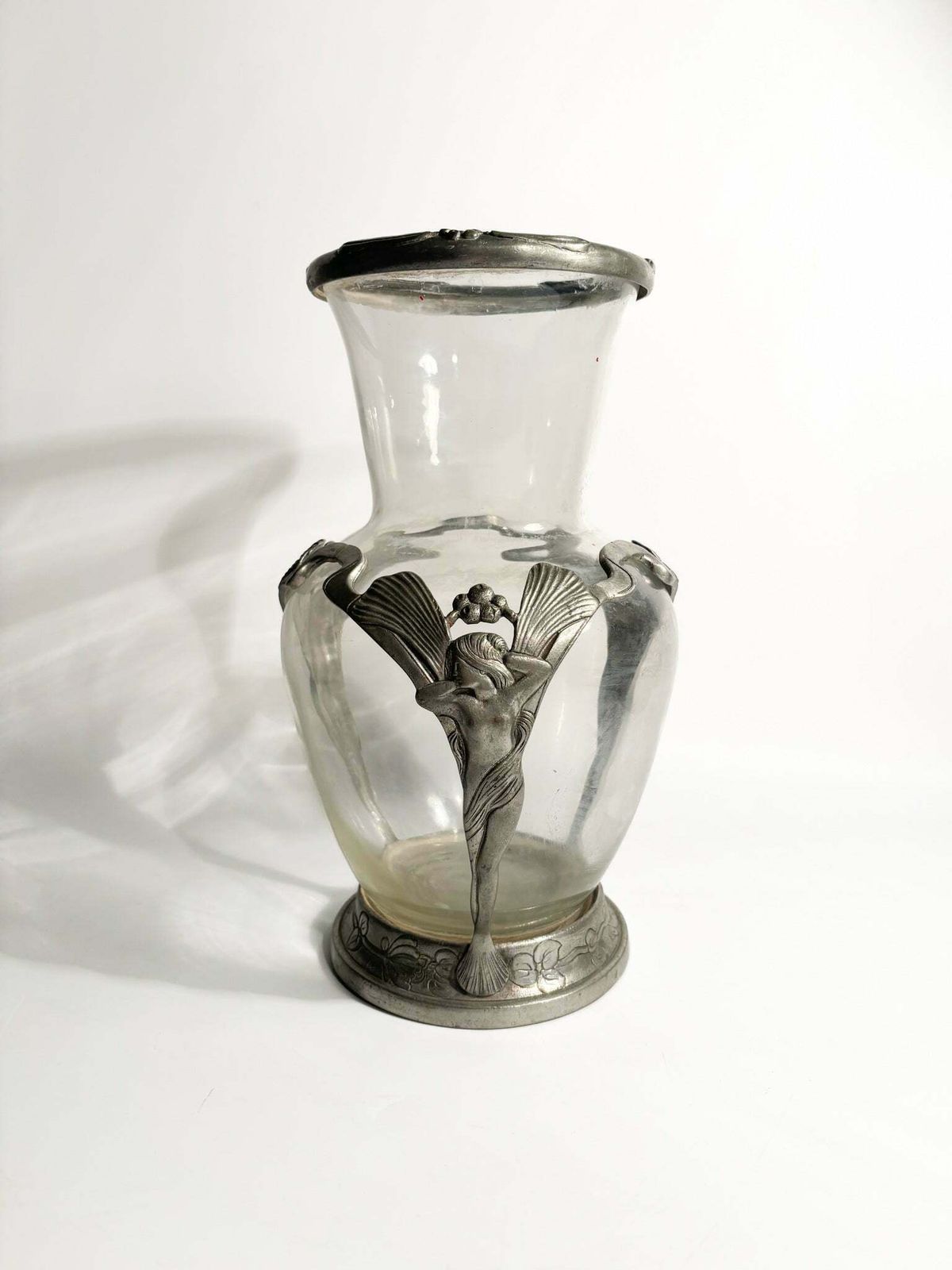Art Nouveau Vase In Transparent Glass And Sculpted Pewter From The Early Twentieth Century