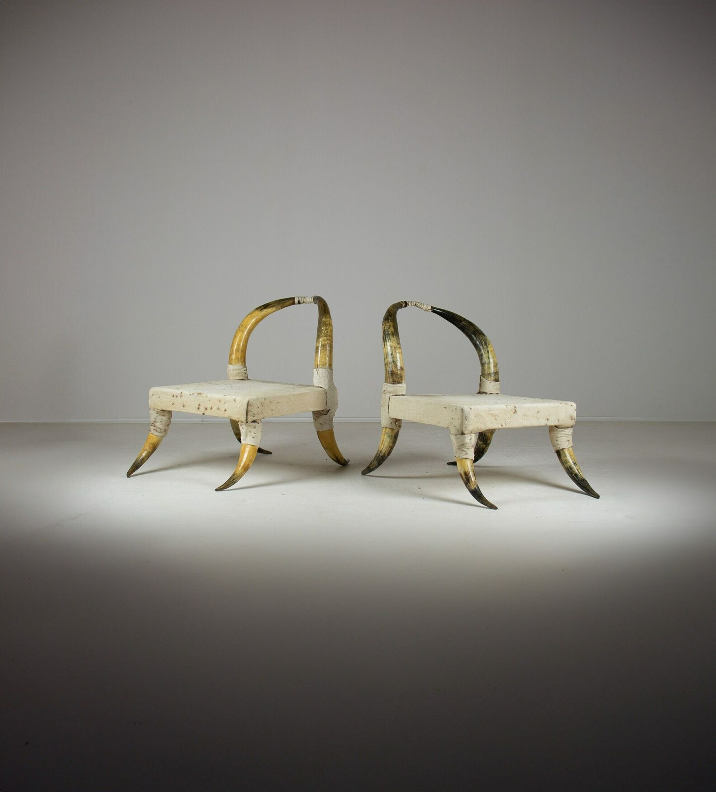 Pair Of Vintage Steer Horn And Hide Side Chairs. Côte D'ivoire, West Africa
