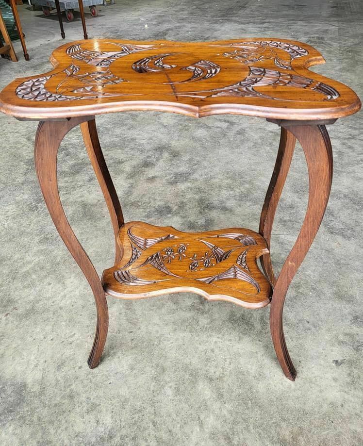 Antique Edwardian Serpentine Carved 2 Tier Side End Lamp Table Cabriole Legs photo vintage