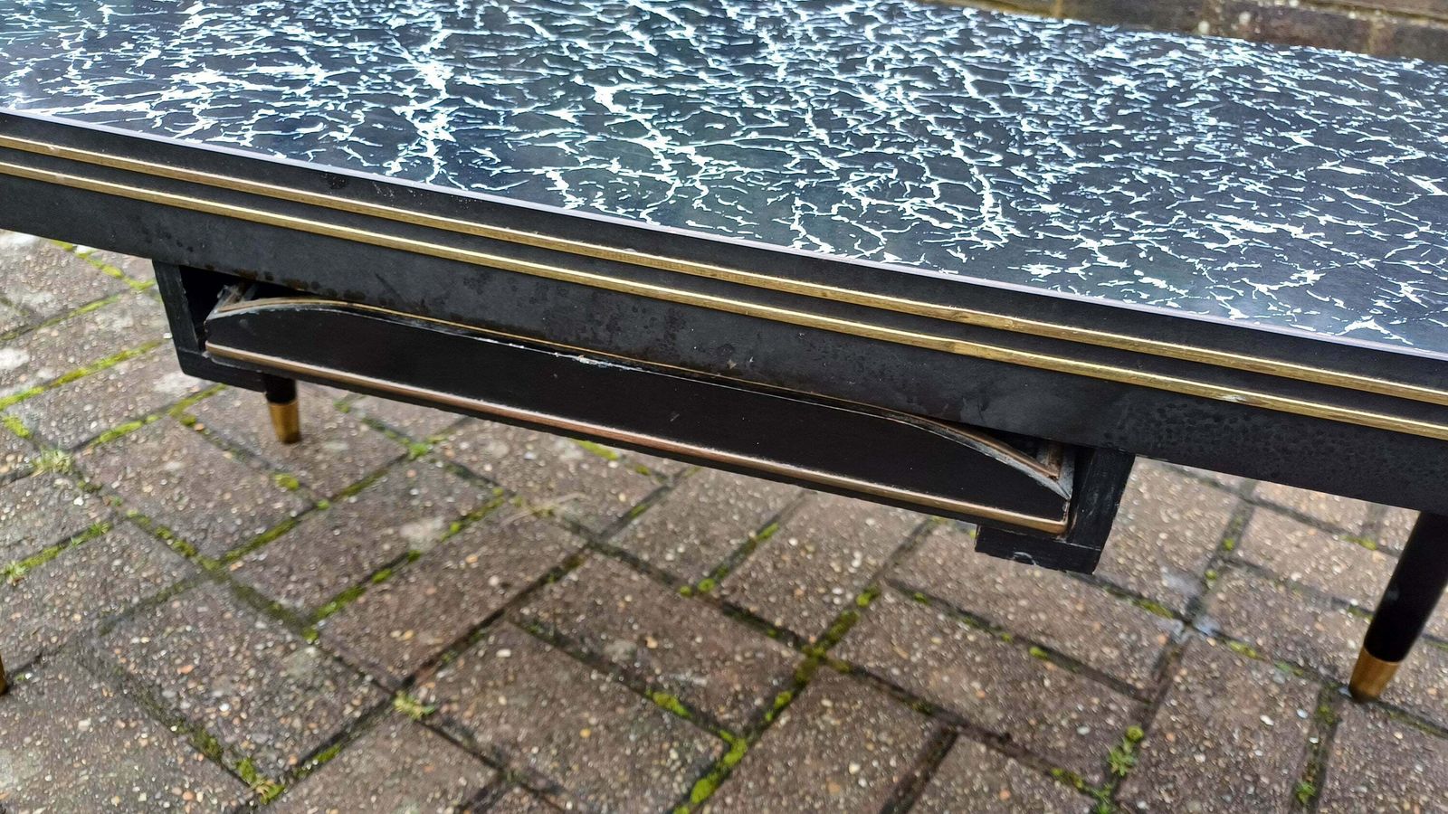 Superb Vintage Formica Coffee Table Formica Top Wooden Black And Brass Legs Unusual Built In Tray. photo 245.0