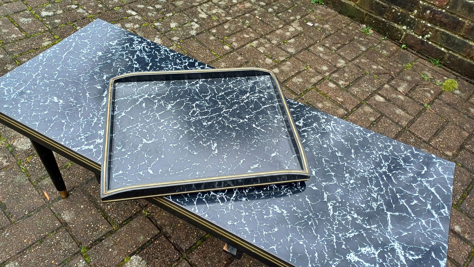 Superb Vintage Formica Coffee Table Formica Top Wooden Black And Brass Legs Unusual Built In Tray. photo buy