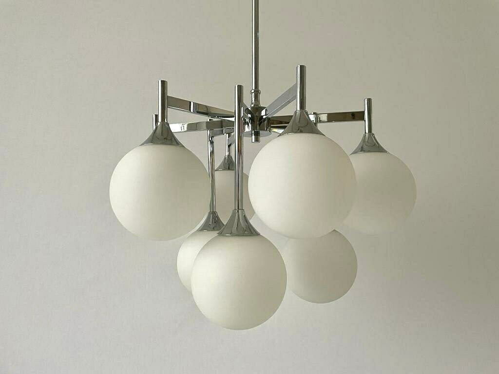 Beautiful 9 White Ball Glass And Chrome Body Chandelier By Kaiser Leuchten, 1960s, Germany photo furniture