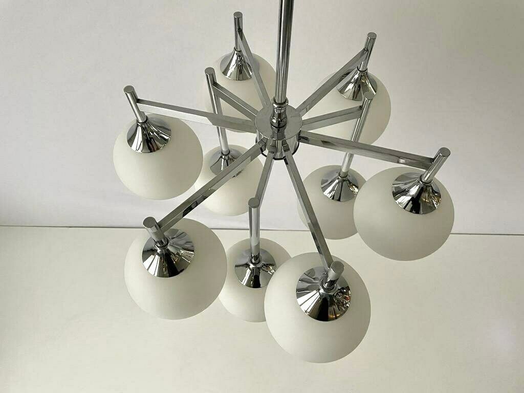 photo for sale Beautiful 9 White Ball Glass And Chrome Body Chandelier By Kaiser Leuchten, 1960s, Germany