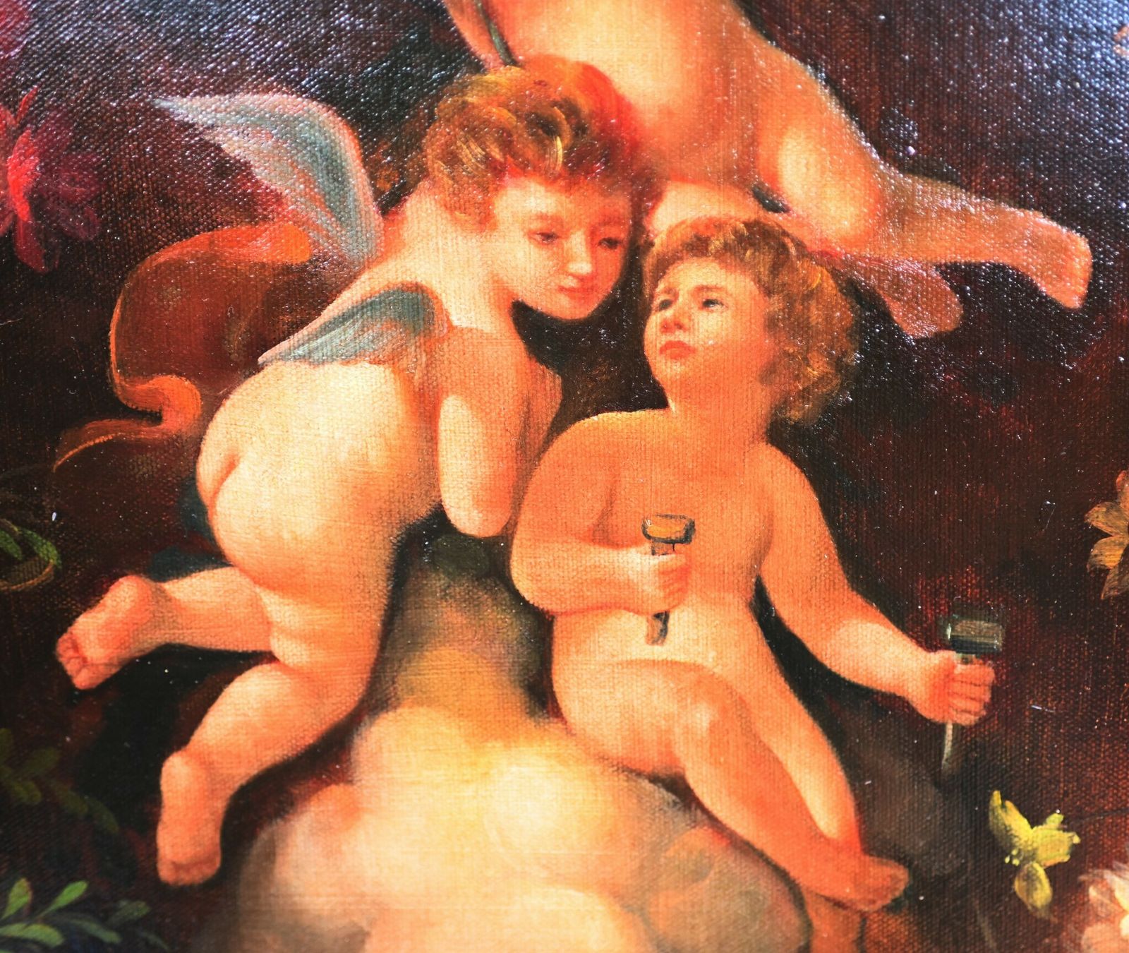 Regency Oil Painting Cherub Floral Potrait Putti Trio Signed photo 1100.0