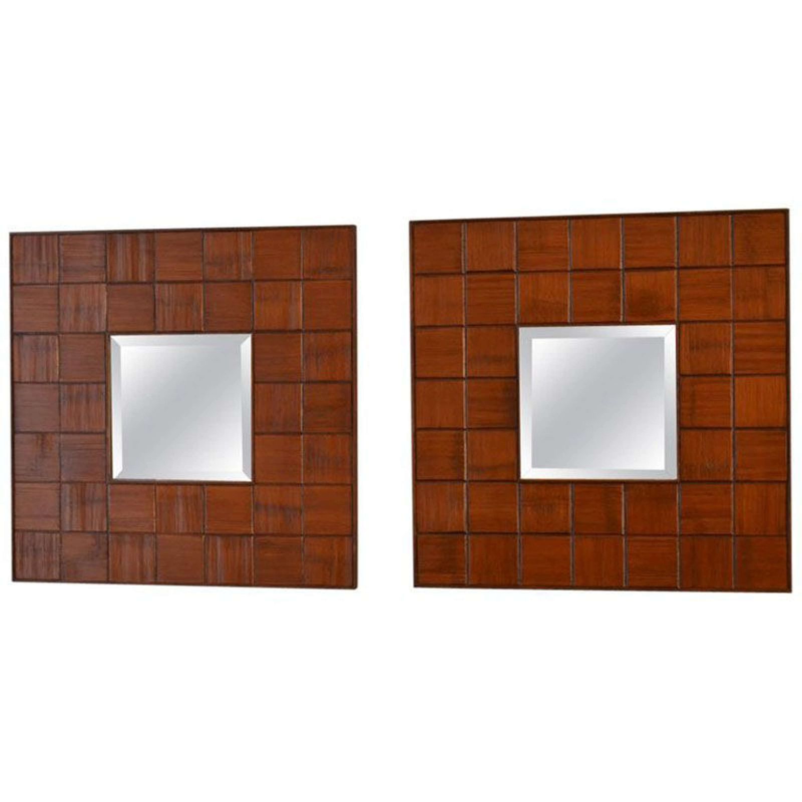 Pair Of Square Mirrors Carved Wood Relief, 1960's, Italy