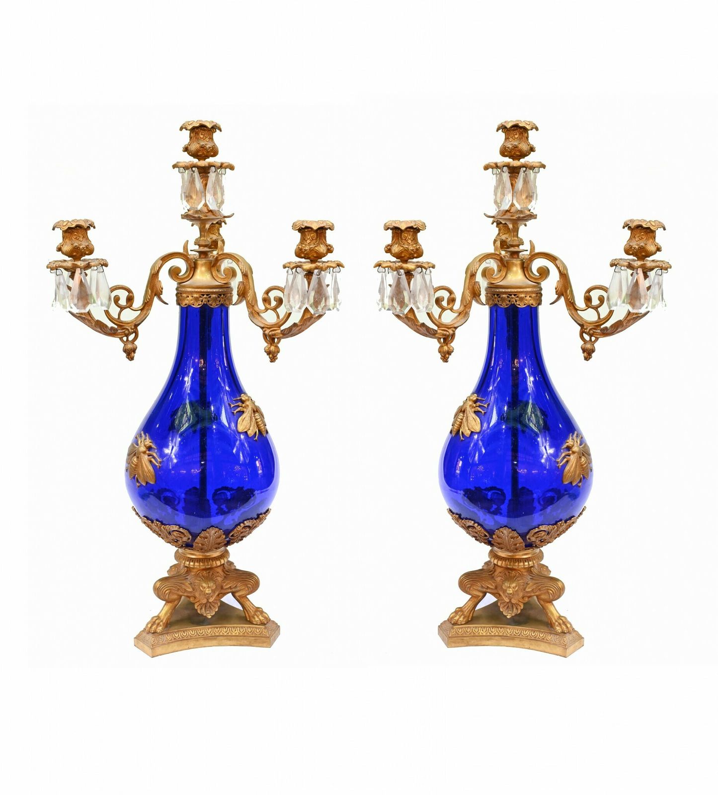 Pair French Glass Candelabras Gilt Mounts Empire 1870