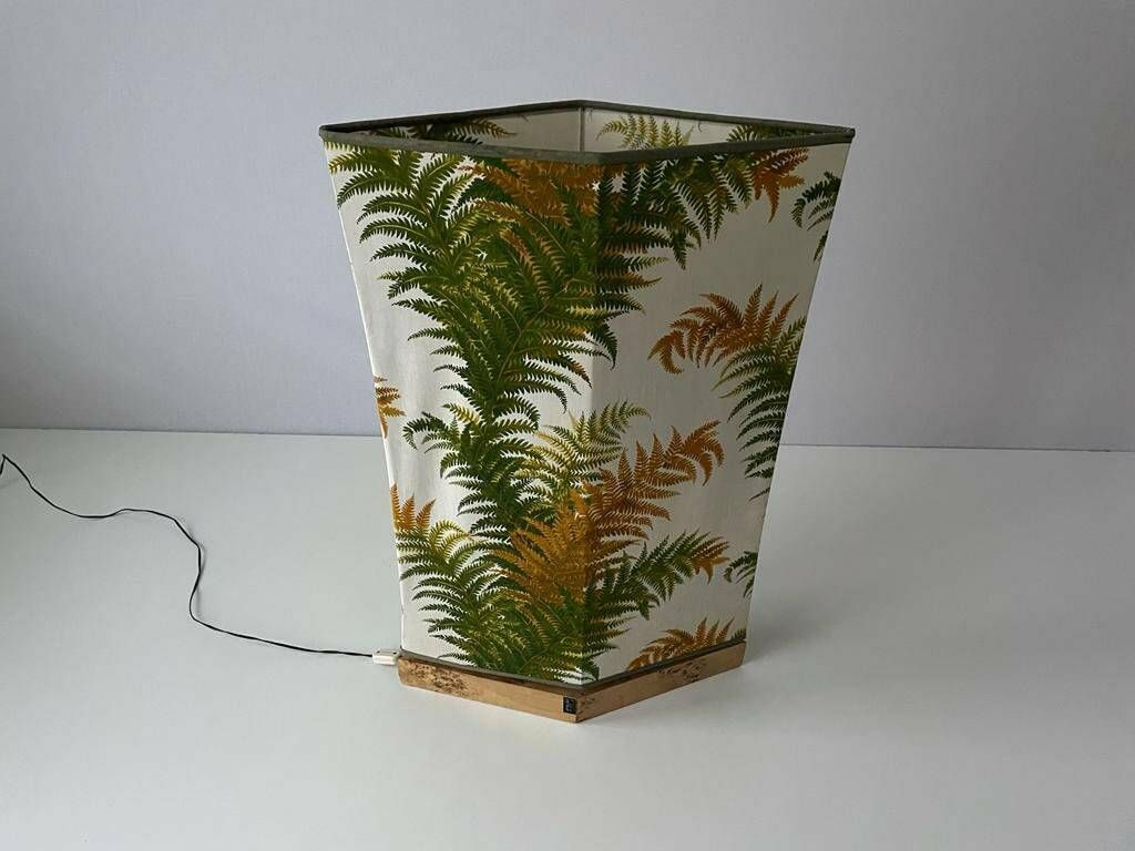 Forest Flower Theme Fabric Shade Italian Floor Lamp With Signed Wood Base, 1950s, Italy photo for sale