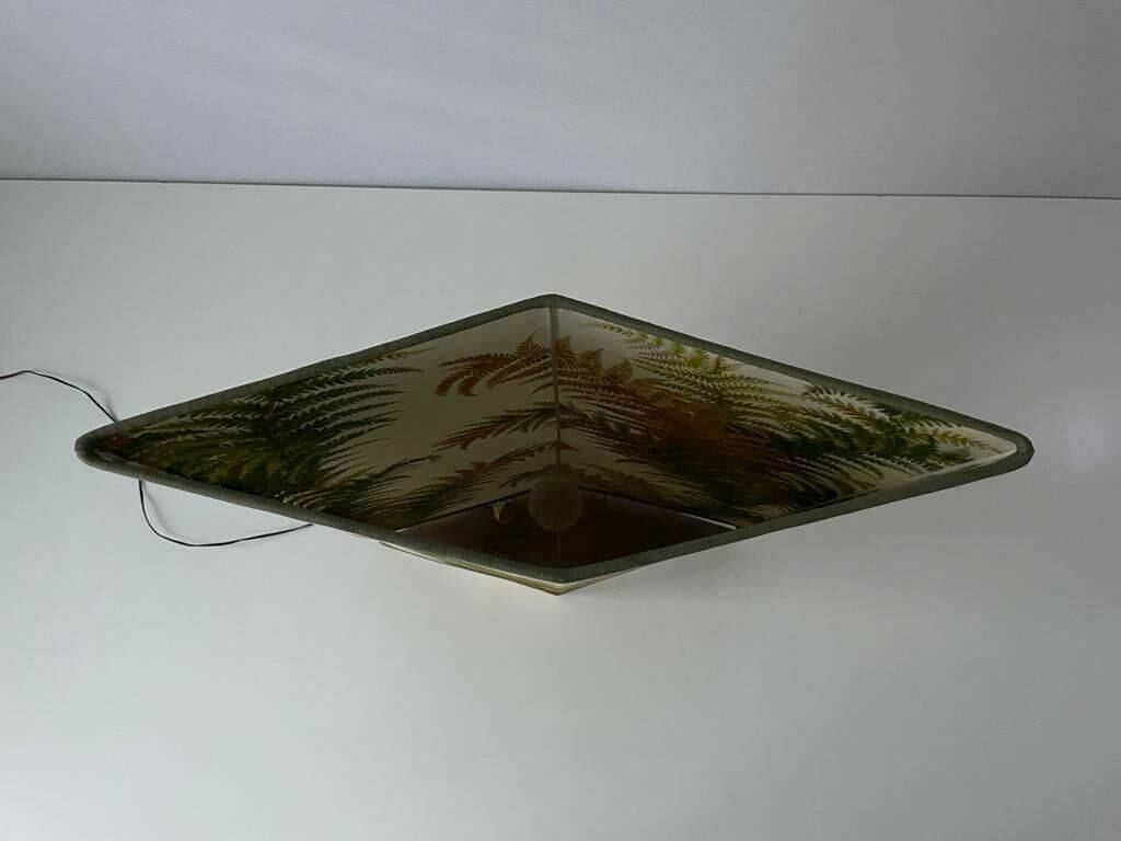 Forest Flower Theme Fabric Shade Italian Floor Lamp With Signed Wood Base, 1950s, Italy photo vintage