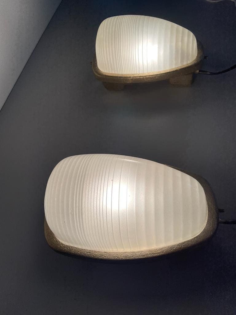 Italian Glass And Gold Coated Brass Pair Of Industrial Sconces By Lambda, 1960s, Italy photo 1609.0