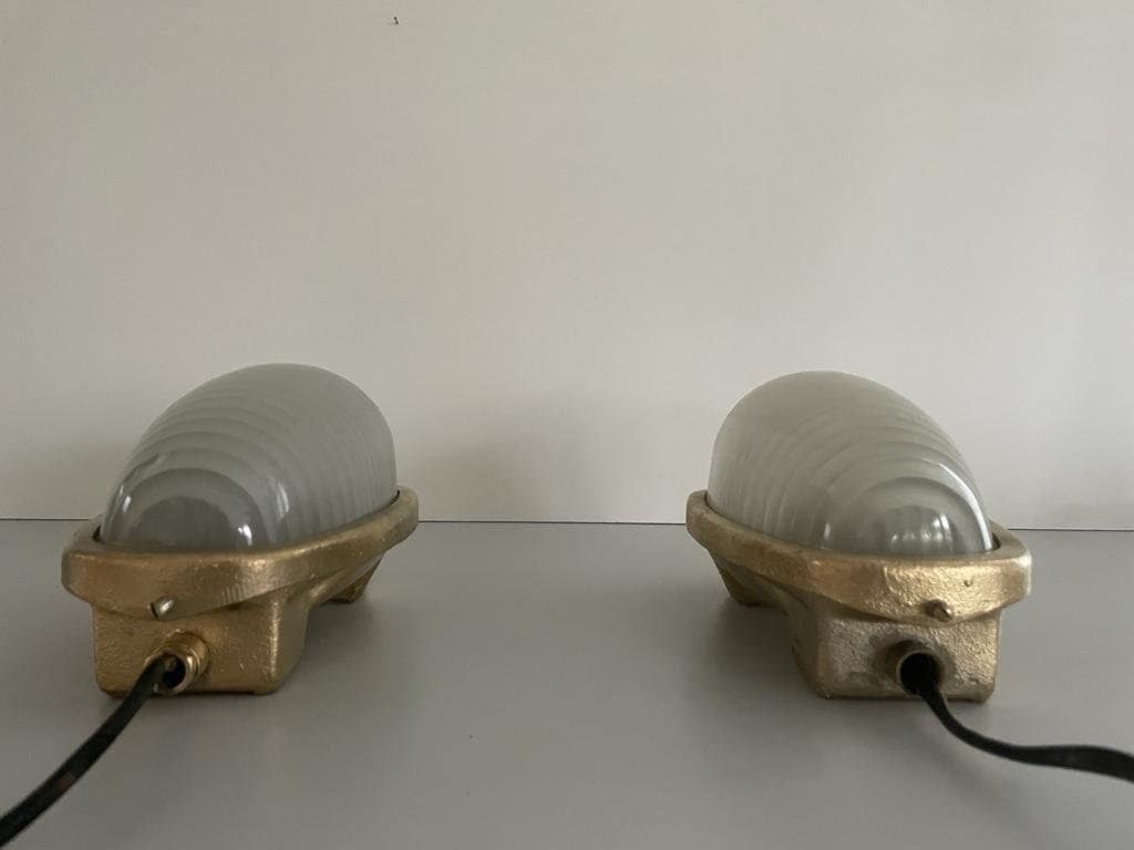 Italian Glass And Gold Coated Brass Pair Of Industrial Sconces By Lambda, 1960s, Italy photo vinterior