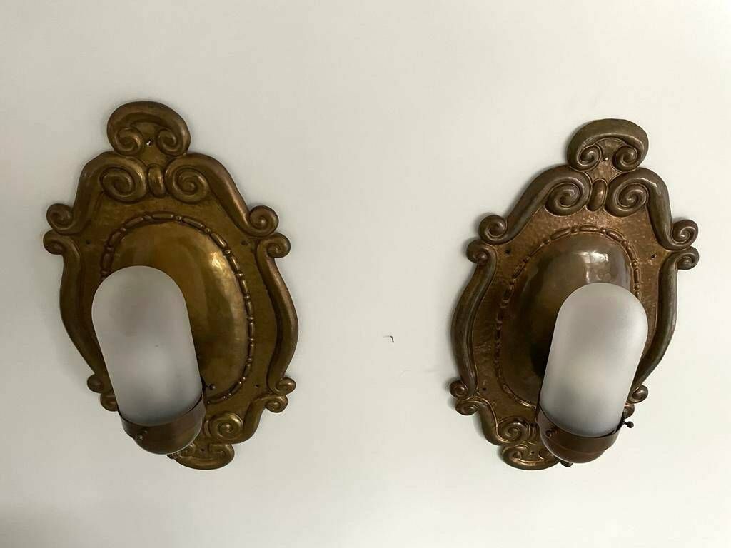 Exceptional Art Deco Glass And Copper Body Pair Of Sconces, 1940s, Germany photo vinterior