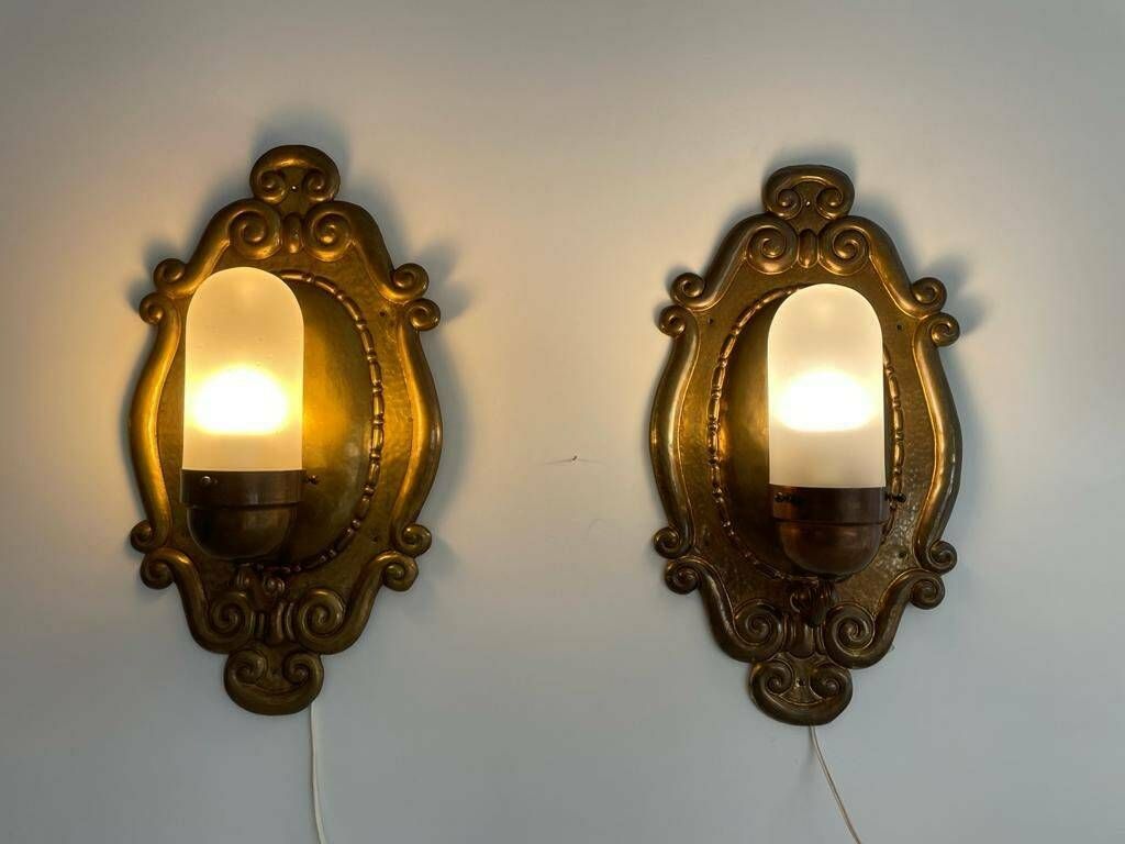 Exceptional Art Deco Glass And Copper Body Pair Of Sconces, 1940s, Germany photo vintage