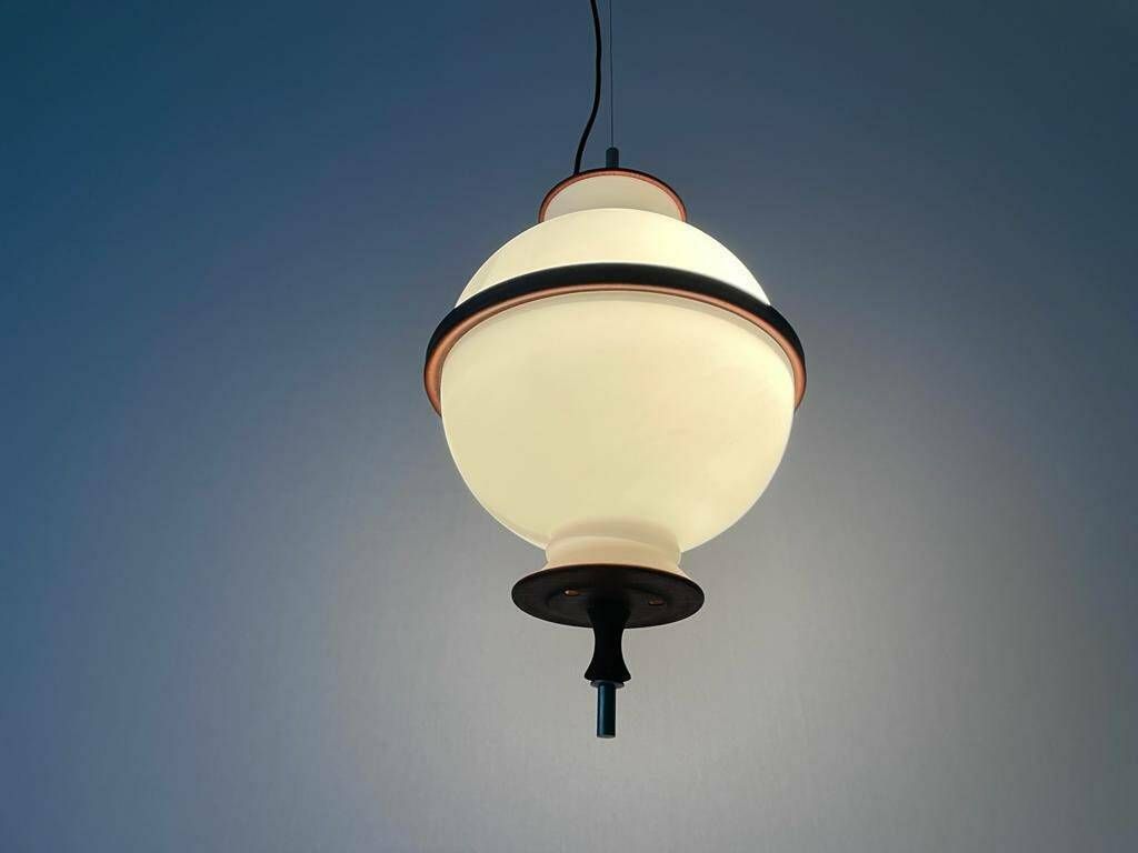 Opal Glass Ceiling Lamp By Reggiani Illuminazione With Teak Details, 1960s, Italy photo Lighting