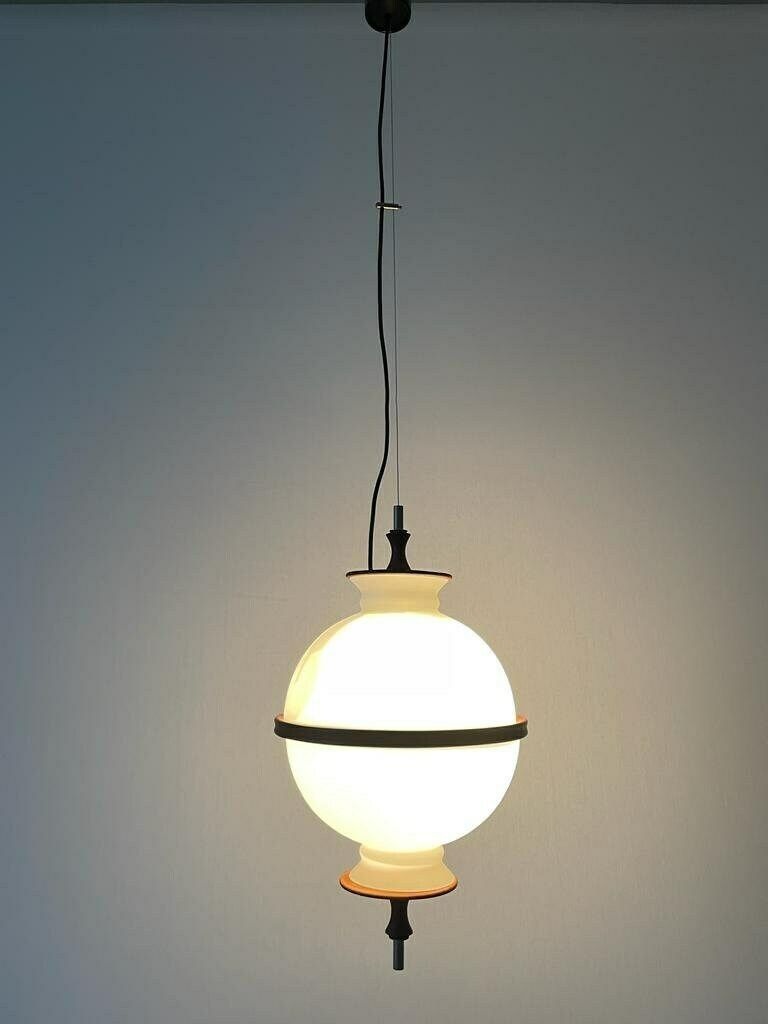 Opal Glass Ceiling Lamp By Reggiani Illuminazione With Teak Details, 1960s, Italy photo vinterior