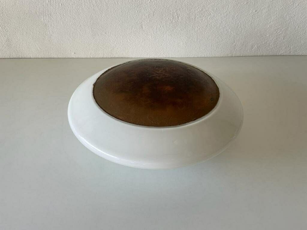 Mushroom White Glass Flush Mount Ceiling Or Wall Lamp With Copper Paint Detail By Peill Putzler, 1960s, Germany photo for sale