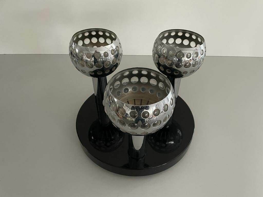Italian Space Age 3 Shade Flush Mount Ceiling Lamp With Wooden Base, 1970s, Italy photo for sale