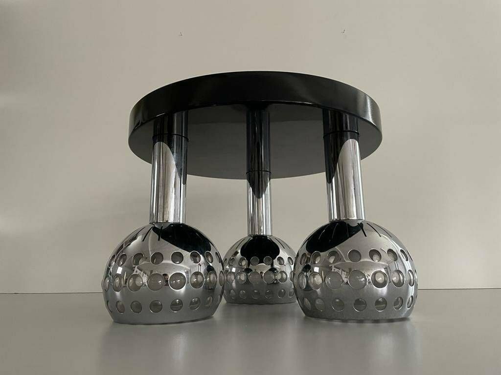 Italian Space Age 3 Shade Flush Mount Ceiling Lamp With Wooden Base, 1970s, Italy photo vinterior