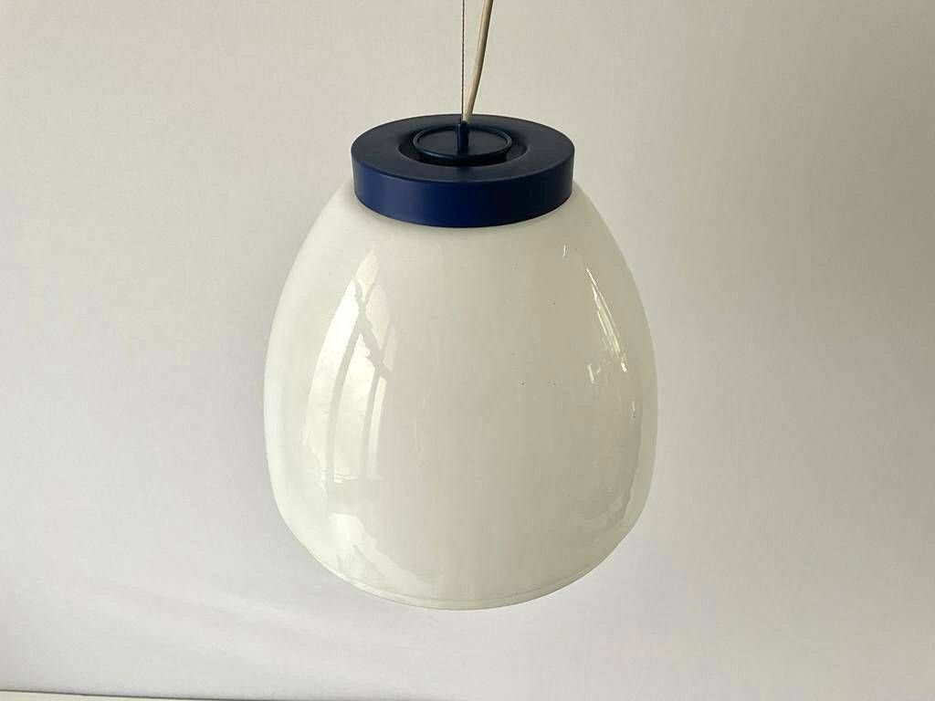 Italian White Glass Pendant Lamp With Dark Blue Top, 70s/80s, Italy photo for sale