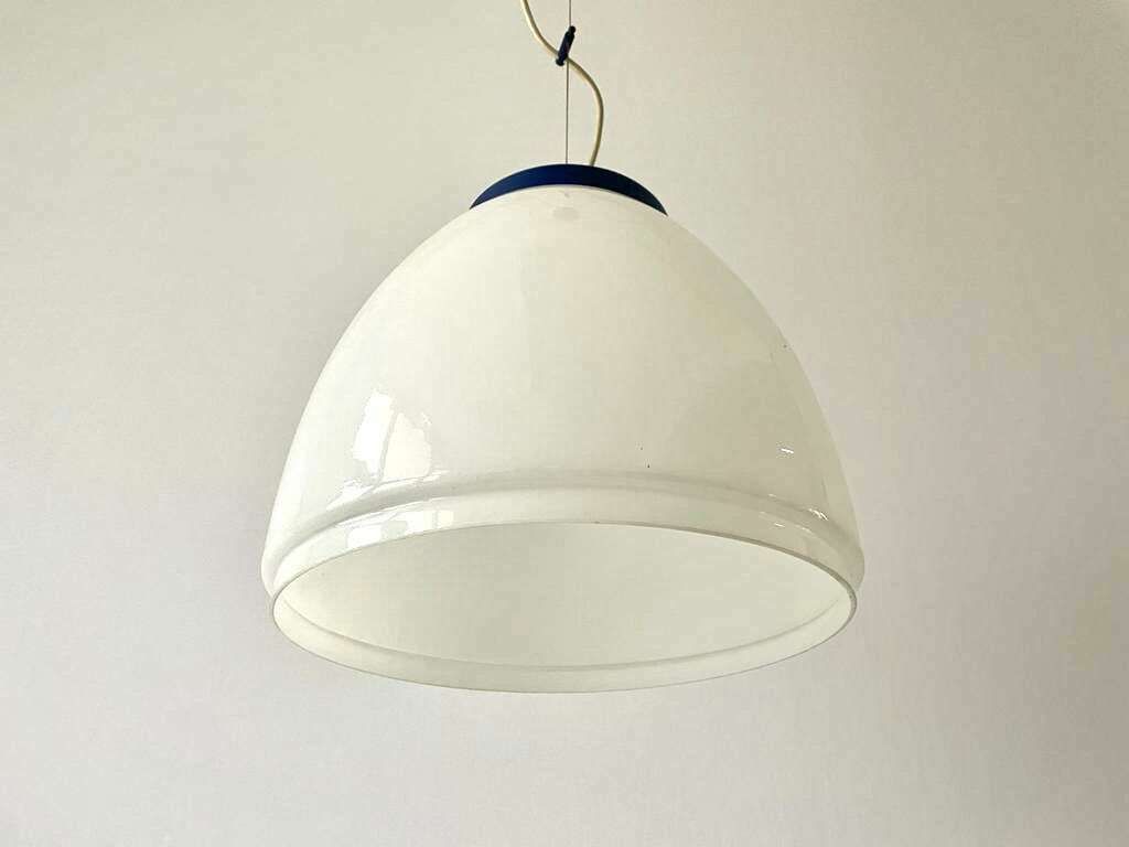 Italian White Glass Pendant Lamp With Dark Blue Top, 70s/80s, Italy photo vintage