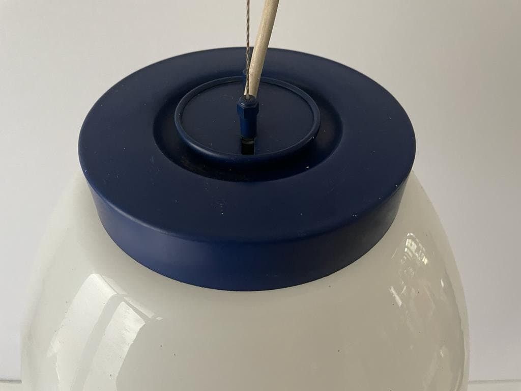 photo for sale Italian White Glass Pendant Lamp With Dark Blue Top, 70s/80s, Italy
