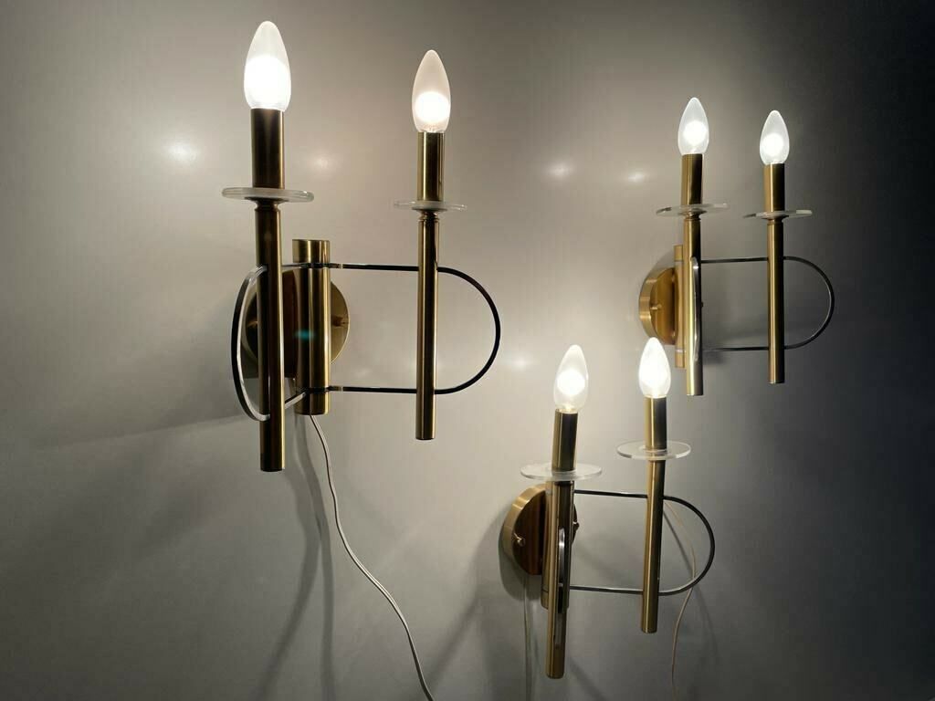 Mid Centuy Modern Cylindrical Twin Shade Gold Set Of 3 Sconces By Sciolari, 1960s, Italy photo buy