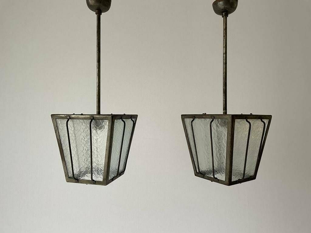 Industrial Type Frosted Glass Milano Apartment Pair Of Ceiling Lamps, 1950s, Italy photo for sale