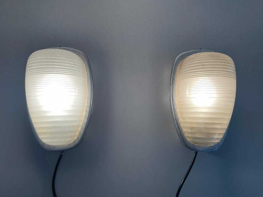 Italian Glass And Silver Coated Brass Pair Of Industrial Sconces By Lambda, 1960s, Italy photo for sale