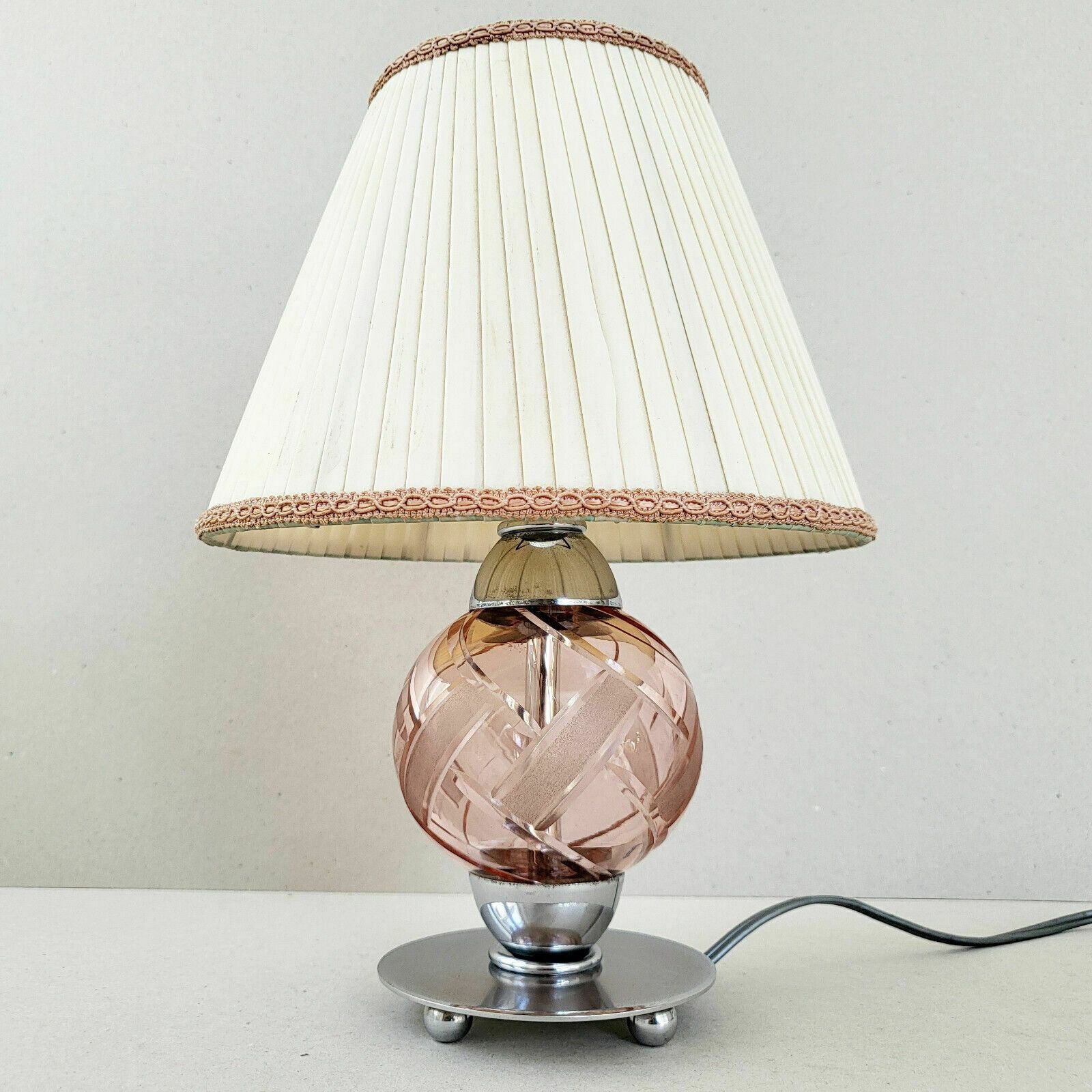 Vintage 1950 Art Deco Style Chrome & Pink Glass Table Lamp 50s 1950s