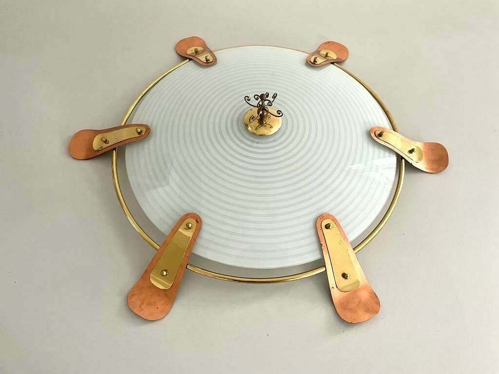 50s German Large Glass Flush Mount Ceiling Lamp With Copper And Gold Metal Frame