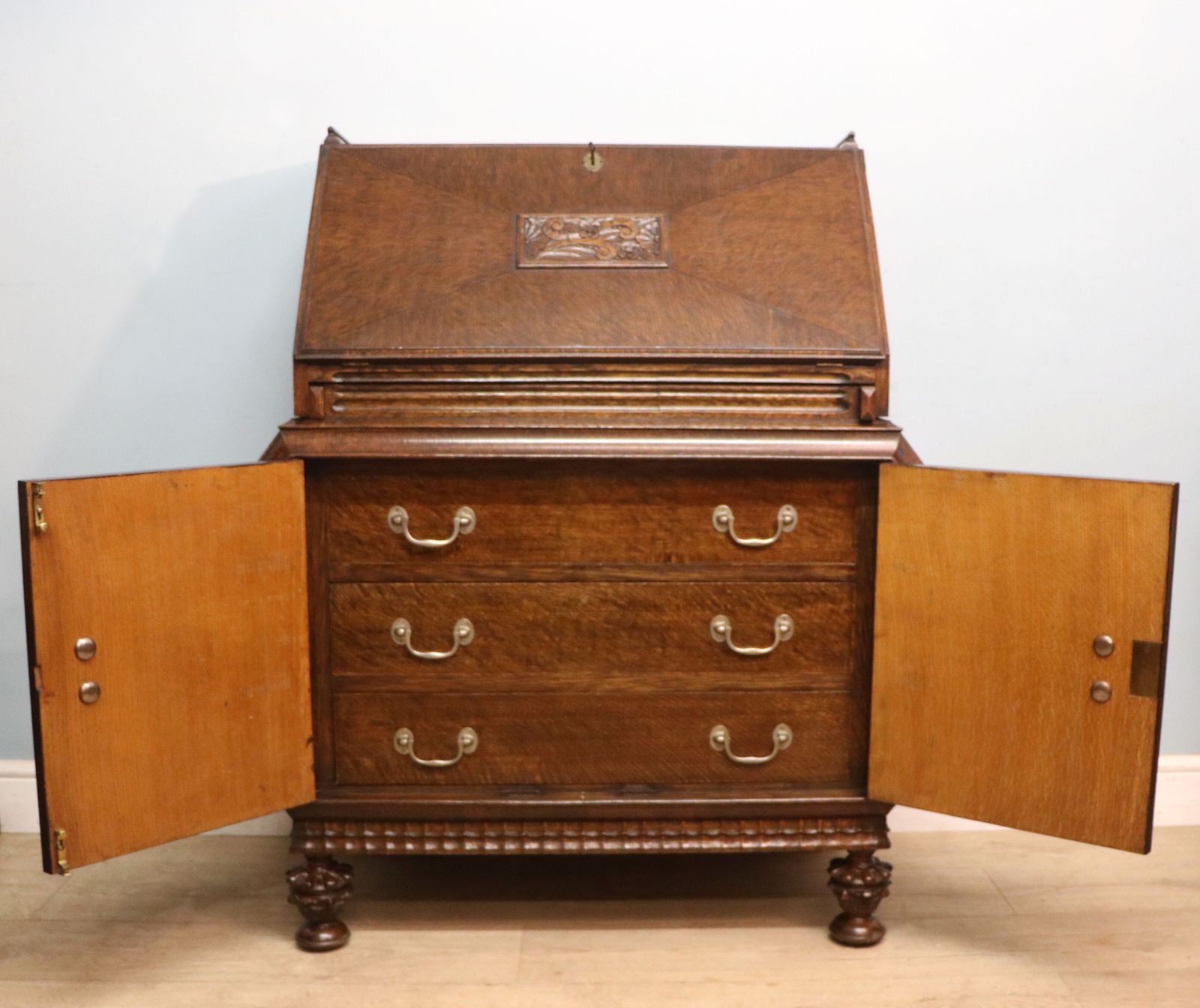 A Most Unusually Configured Oak Veneered Bureau. photo vinterior