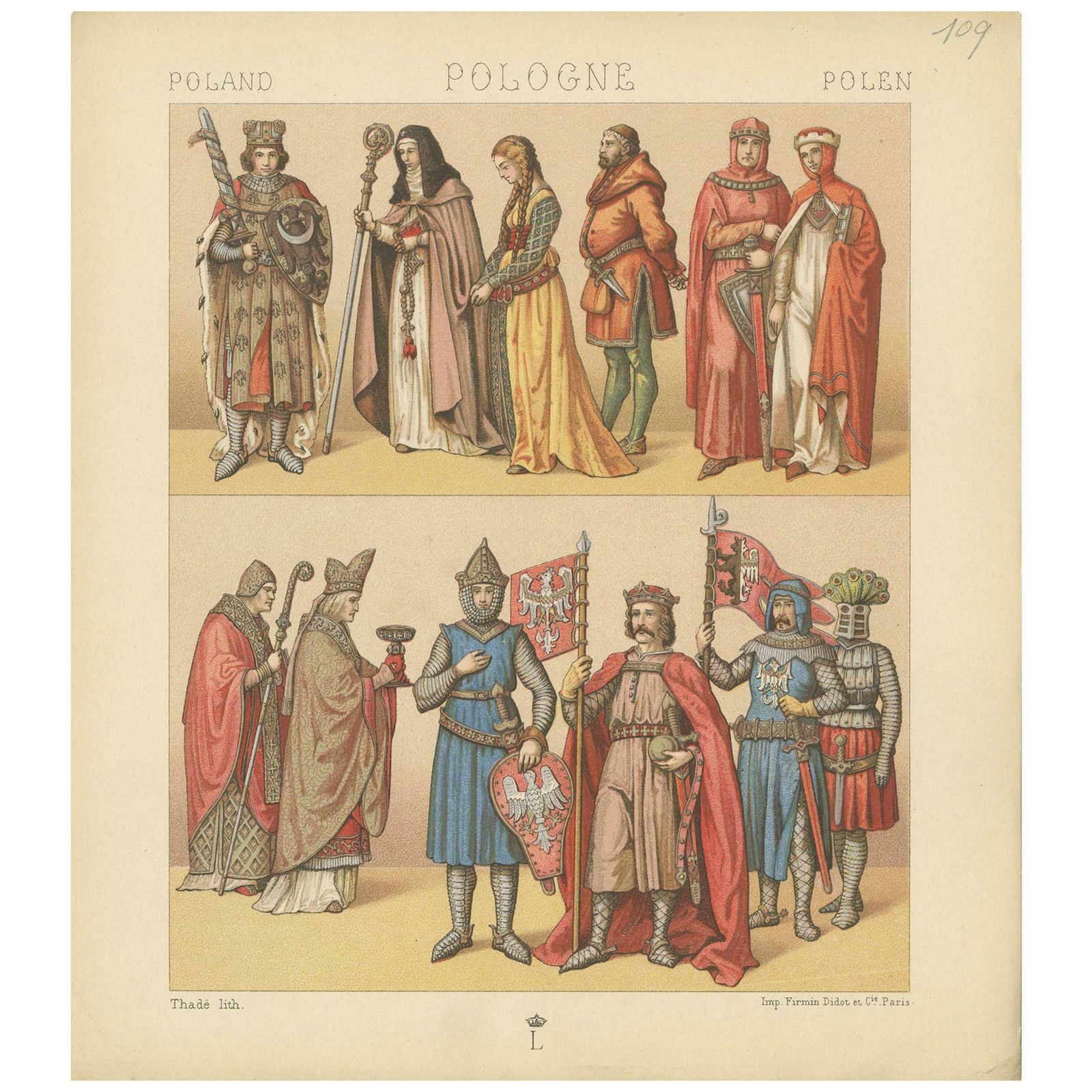 Pl. 109 Antique Print Of Polish Royalty's And Servants Racinet, 'Circa 1880'