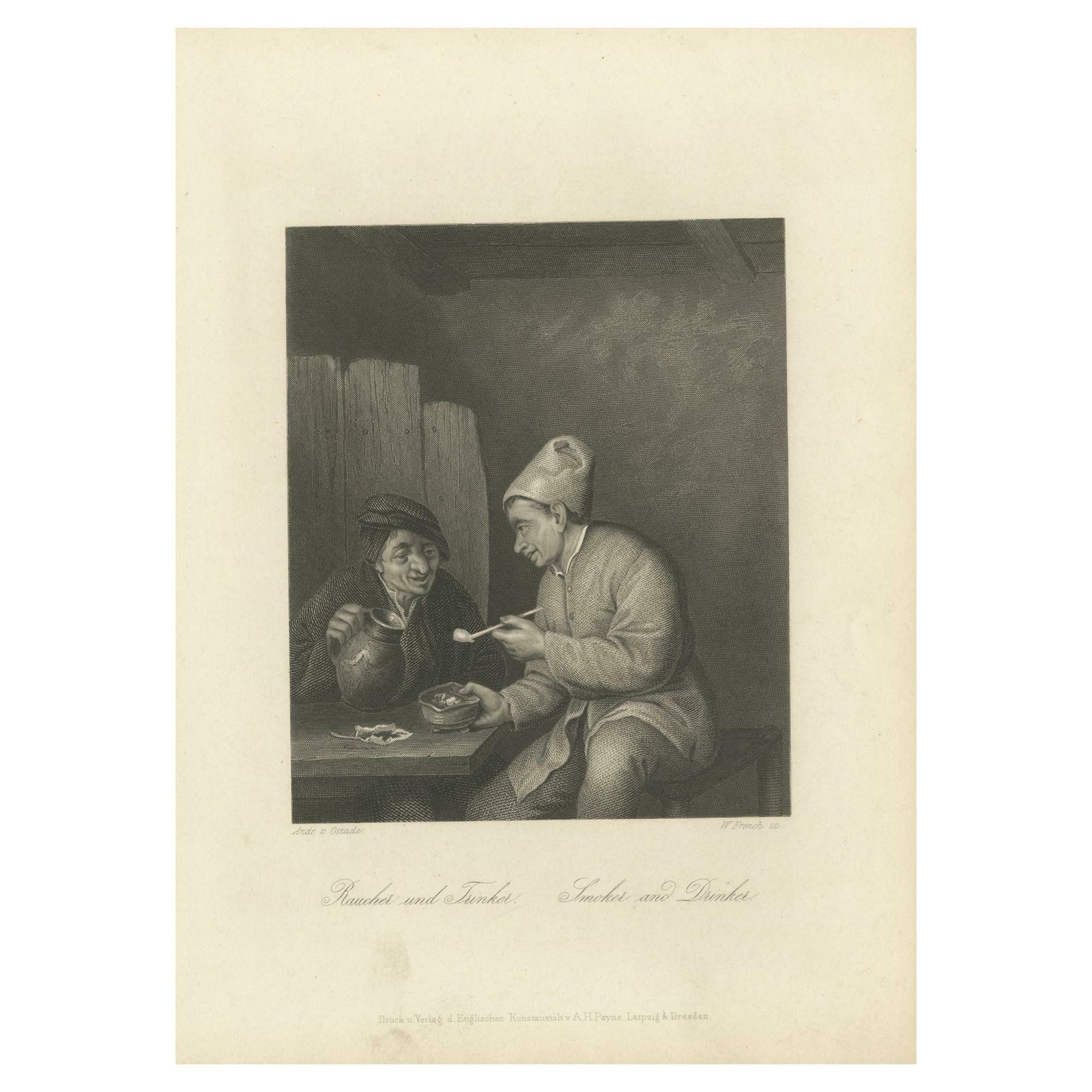 Antique Print Of Men Drinking And Smoking By Payne, 'C.1850'