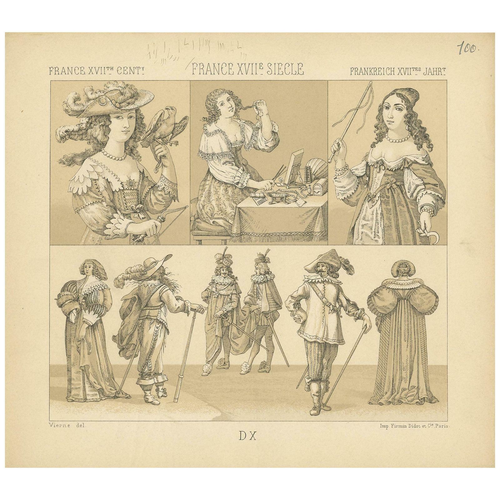 Pl. 100 Antique Print Of French Xviith Century Costumes By Racinet, Circa 1880