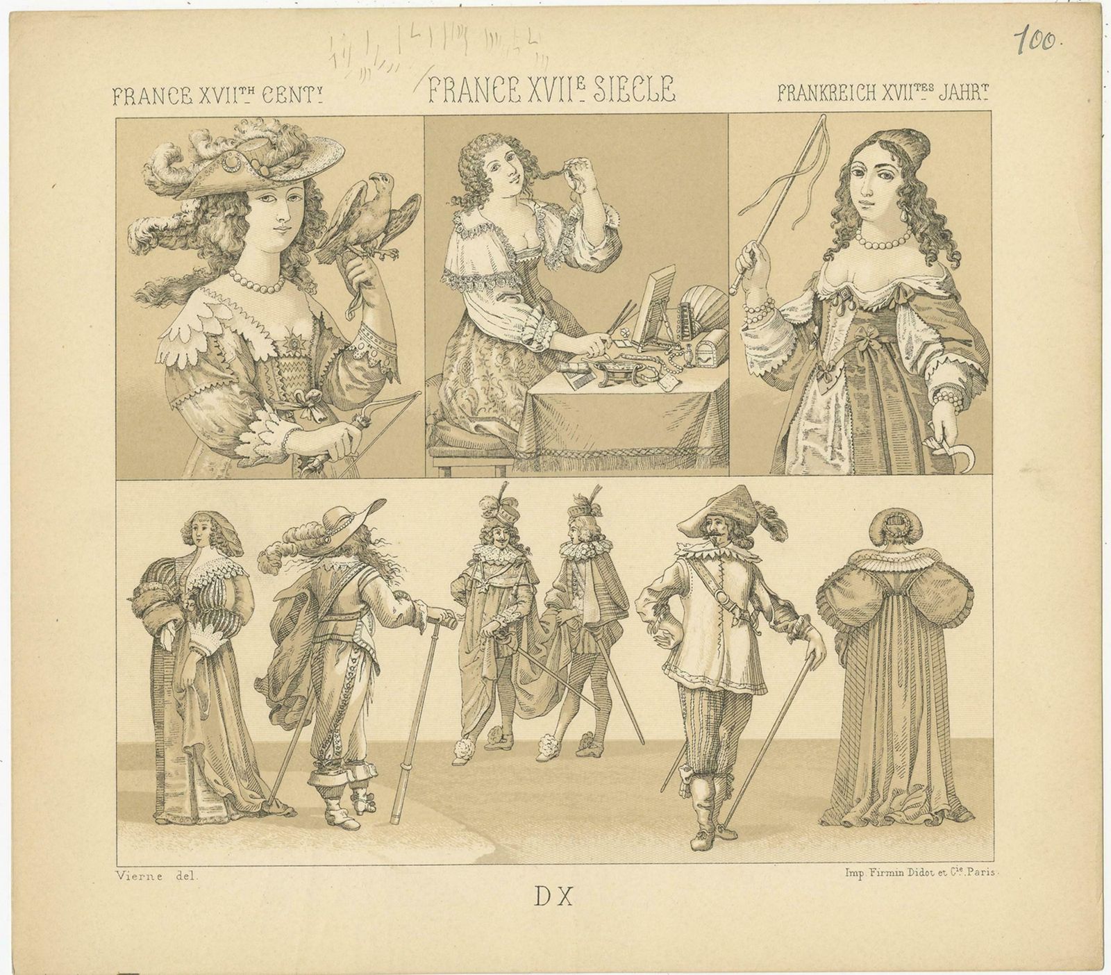 Pl. 100 Antique Print Of French Xviith Century Costumes By Racinet, Circa 1880 photo furniture