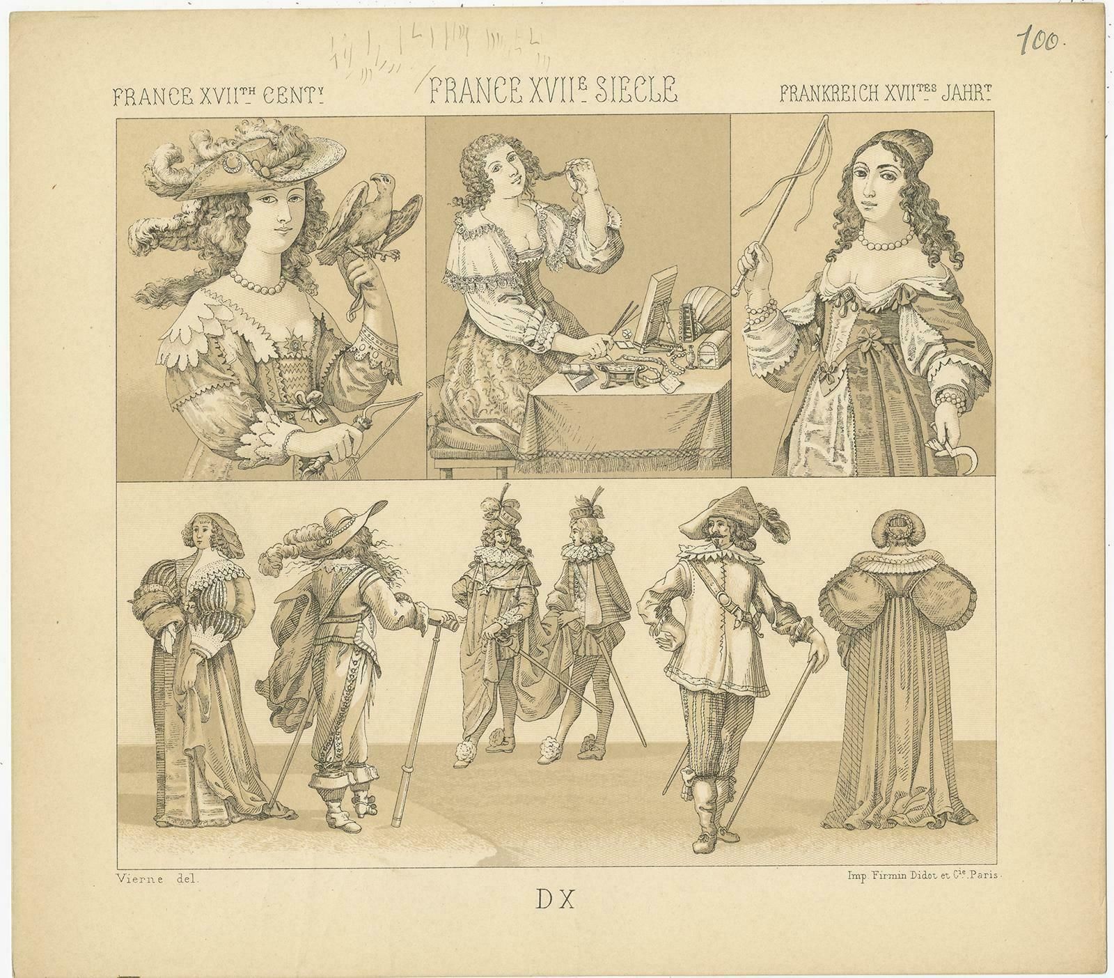 Pl. 100 Antique Print Of French 17th Century Costumes By Racinet, Circa 1880 photo for sale