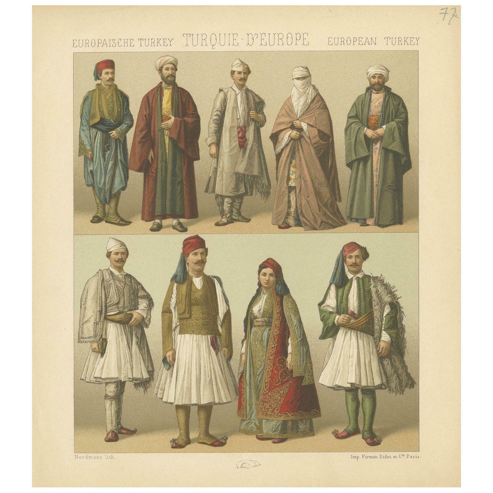 Pl. 77 Antique Print Of European Turkish Costumes By Racinet, 'Circa 1880'