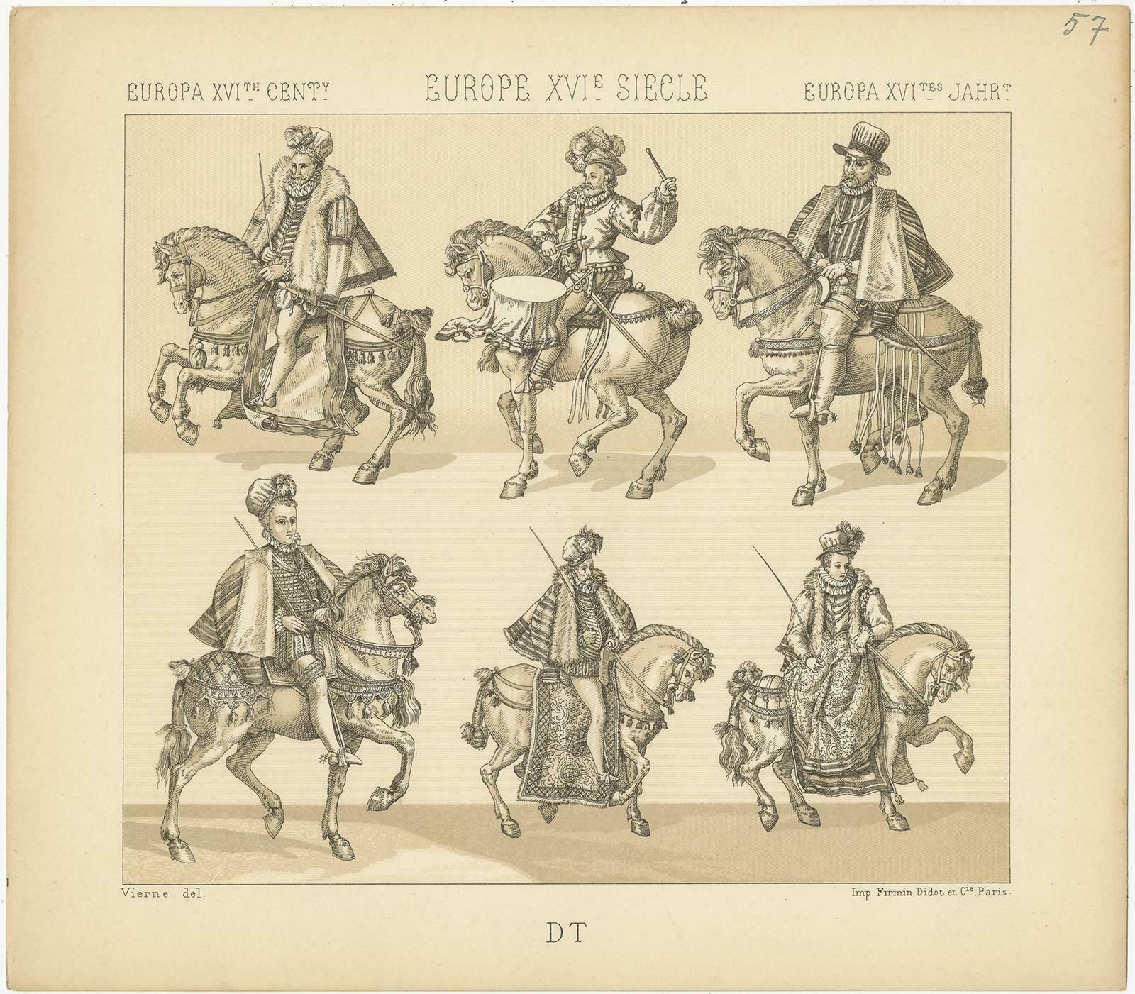 Pl. 57 Antique Print Of European 16th Century Battle Costumes By Racinet photo for sale