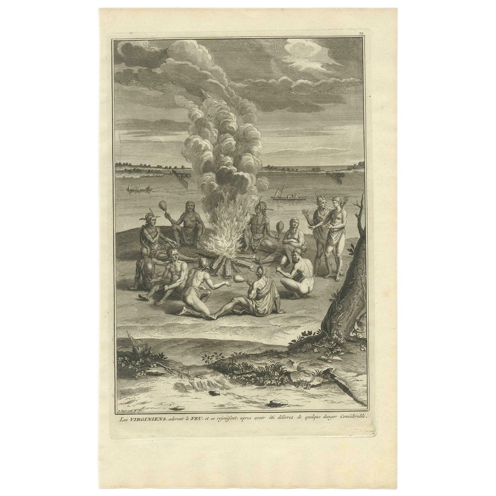 Antique Print Of A Gathering Around A Fire In Virginia By B. Picart, 1721