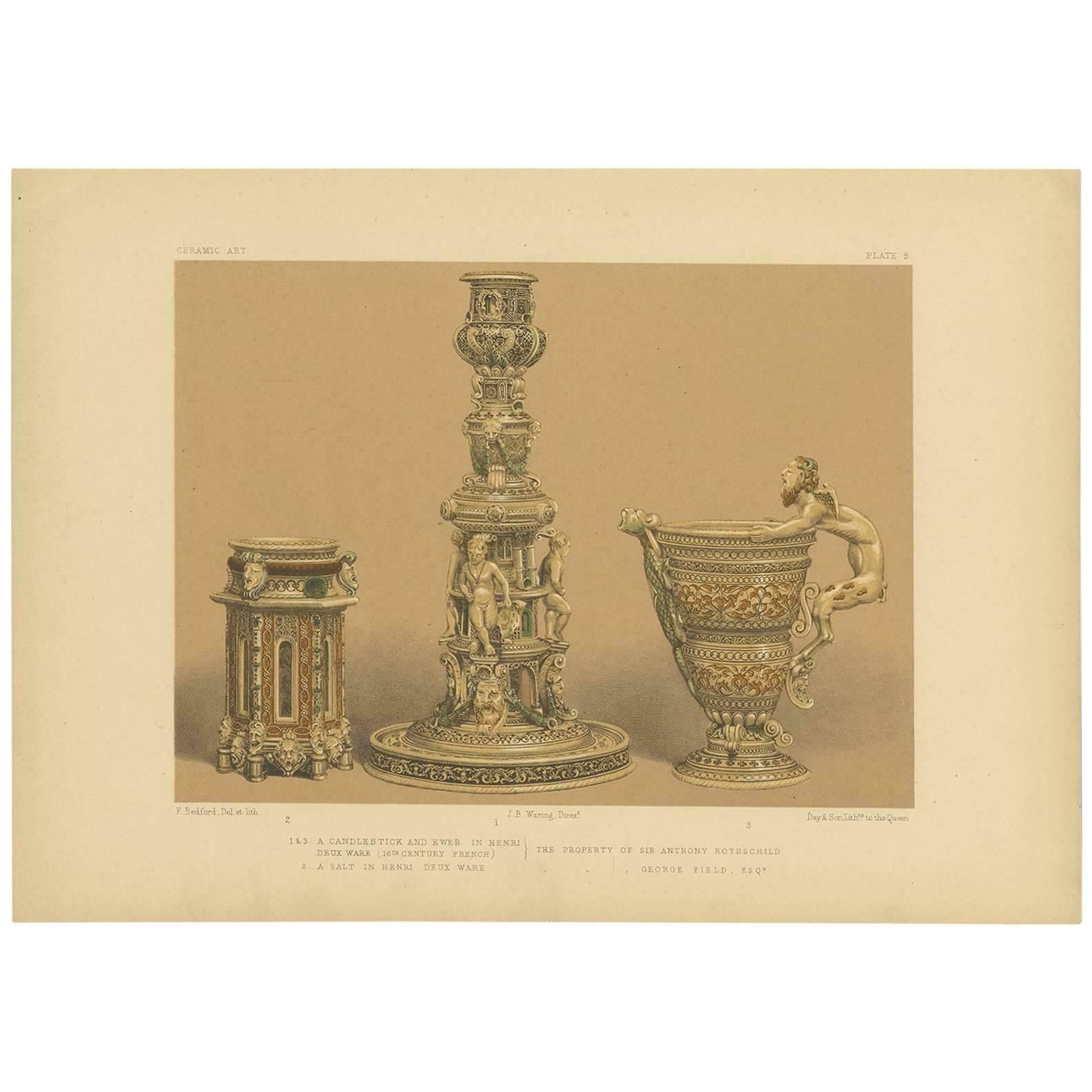 Pl. 9 Antique Print Of Henri Deux Ware By Bedford, Circa 1857