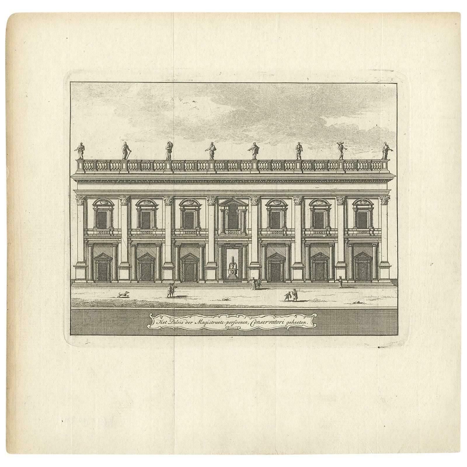 Antique Print Of Palazzo Dei Conservatori Rome By M. De Bruyn, 1779