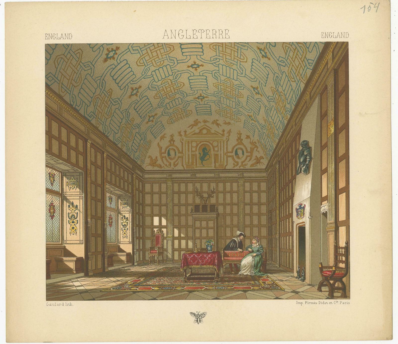 Pl. 154 Antique Print Of English Living Room By Racinet, 'Circa 1880' photo for sale