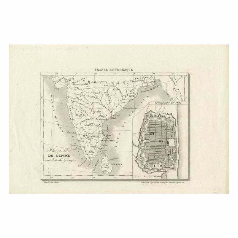 Antique Map Of India With Inset Of Puducherry By Monin, 1835