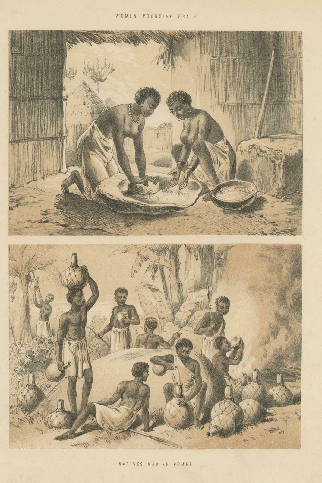 Antique Print Of Women Pounding Grain And Africans Brewing Pombe, Circa 1860 photo Art
