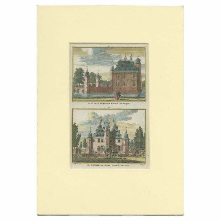Antique Print With Two Views Of A Castle In Meern, The Netherlands, C.1750