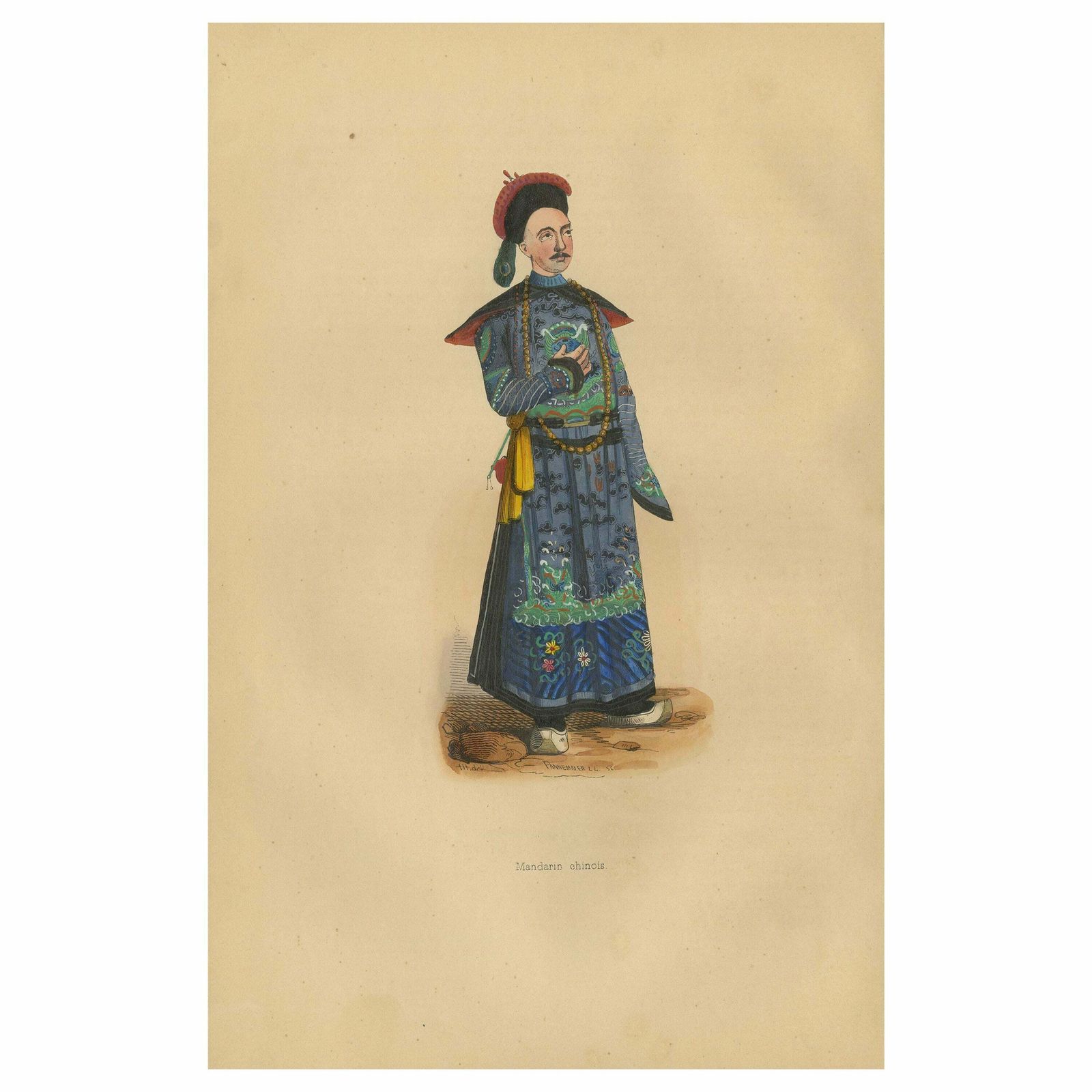 Antique Print Of A Chinese Man 'Mandarin' By Wahlen, '1843'