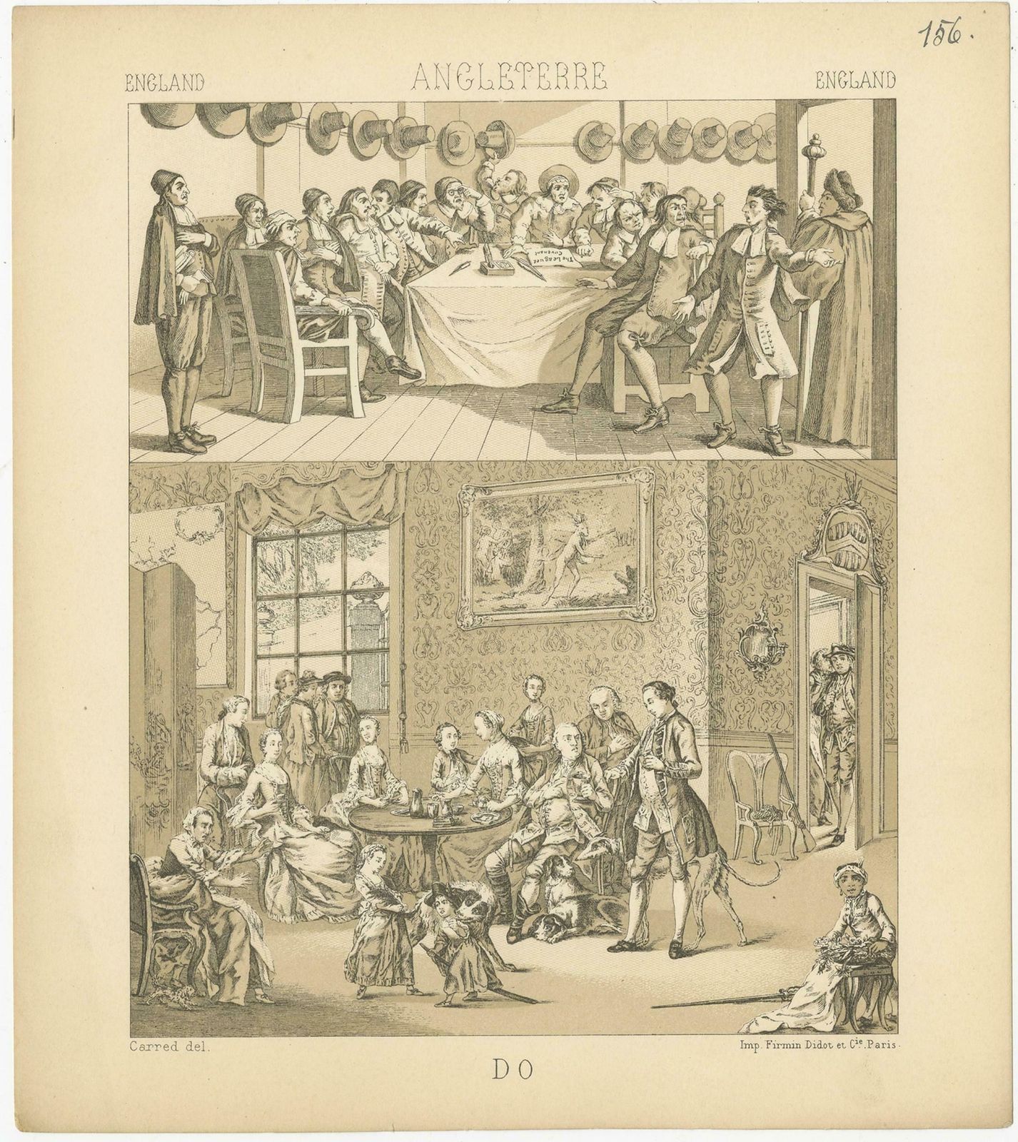 Pl. 156 Antique Print Of English Scenes, Costumes By Racinet, 'Circa 1880' photo for sale