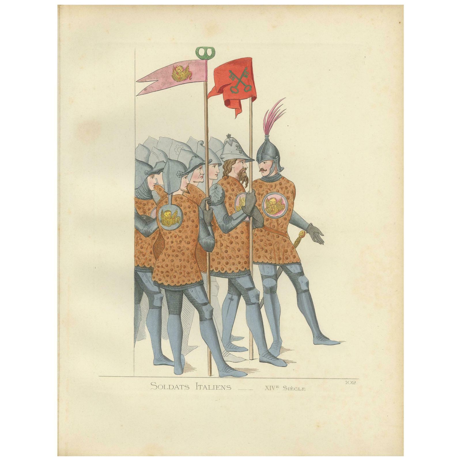Antique Print Of Italian Soldiers, 14th Century, By Bonnard, 1860