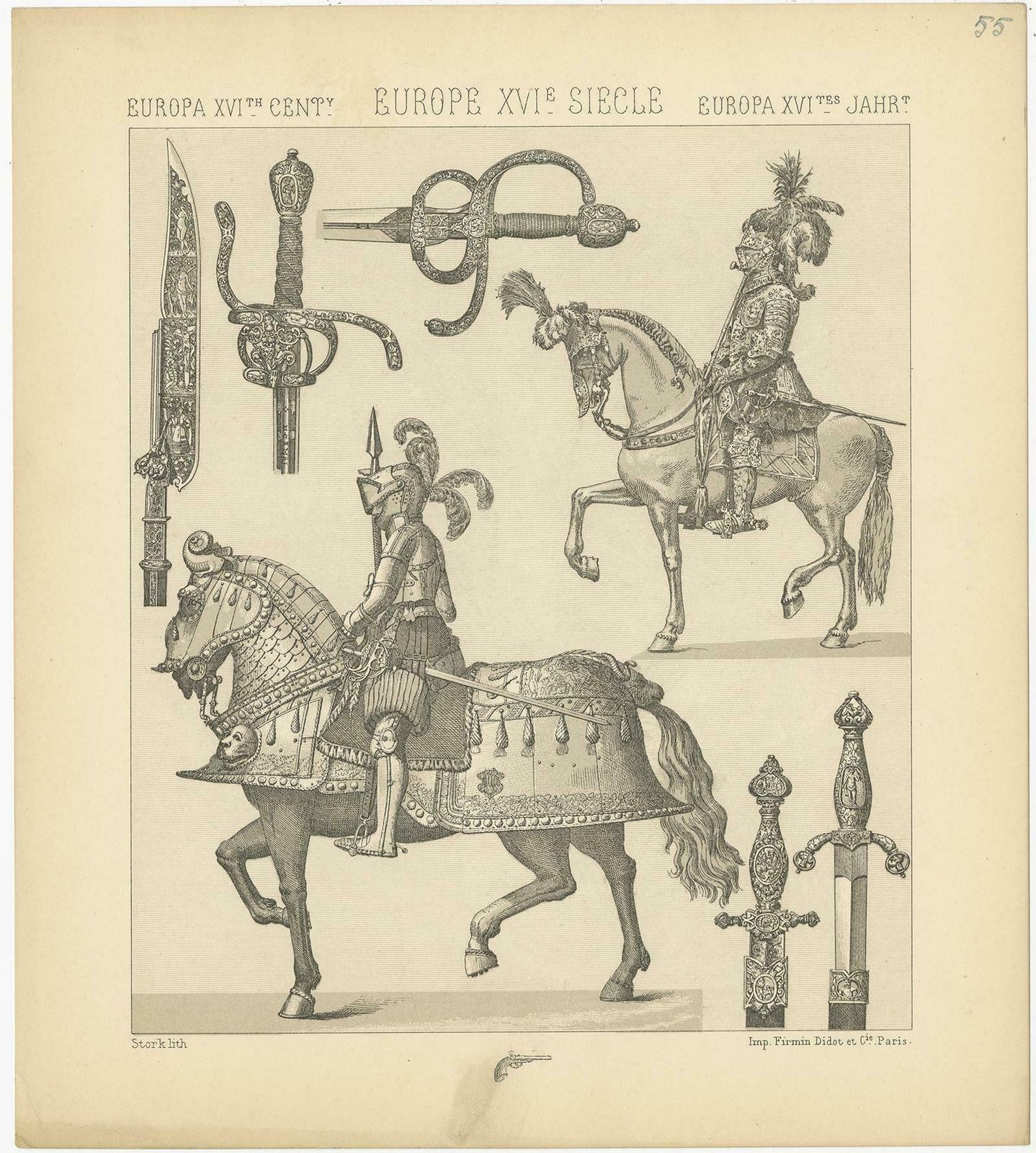 Pl. 55 Antique Print Of European 16th Century Armaments By Racinet, Circa 1880 photo furniture